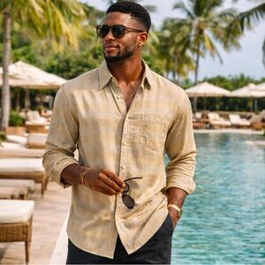 Tommy Bahama Silk Blend Camp Shirt Olive Yellow Button-Up Mens XL Resortwear Dad